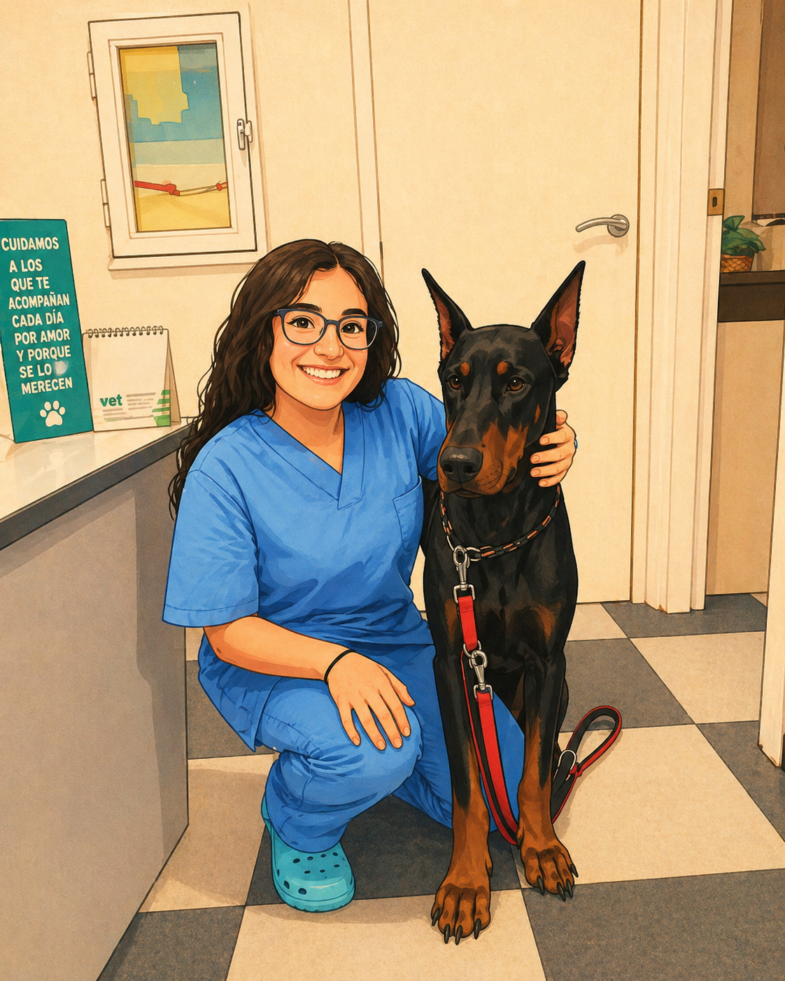 Enfermera con mascarilla, gafas y una diadema azul con forma de gato; con uniforme médico, sonriendo.