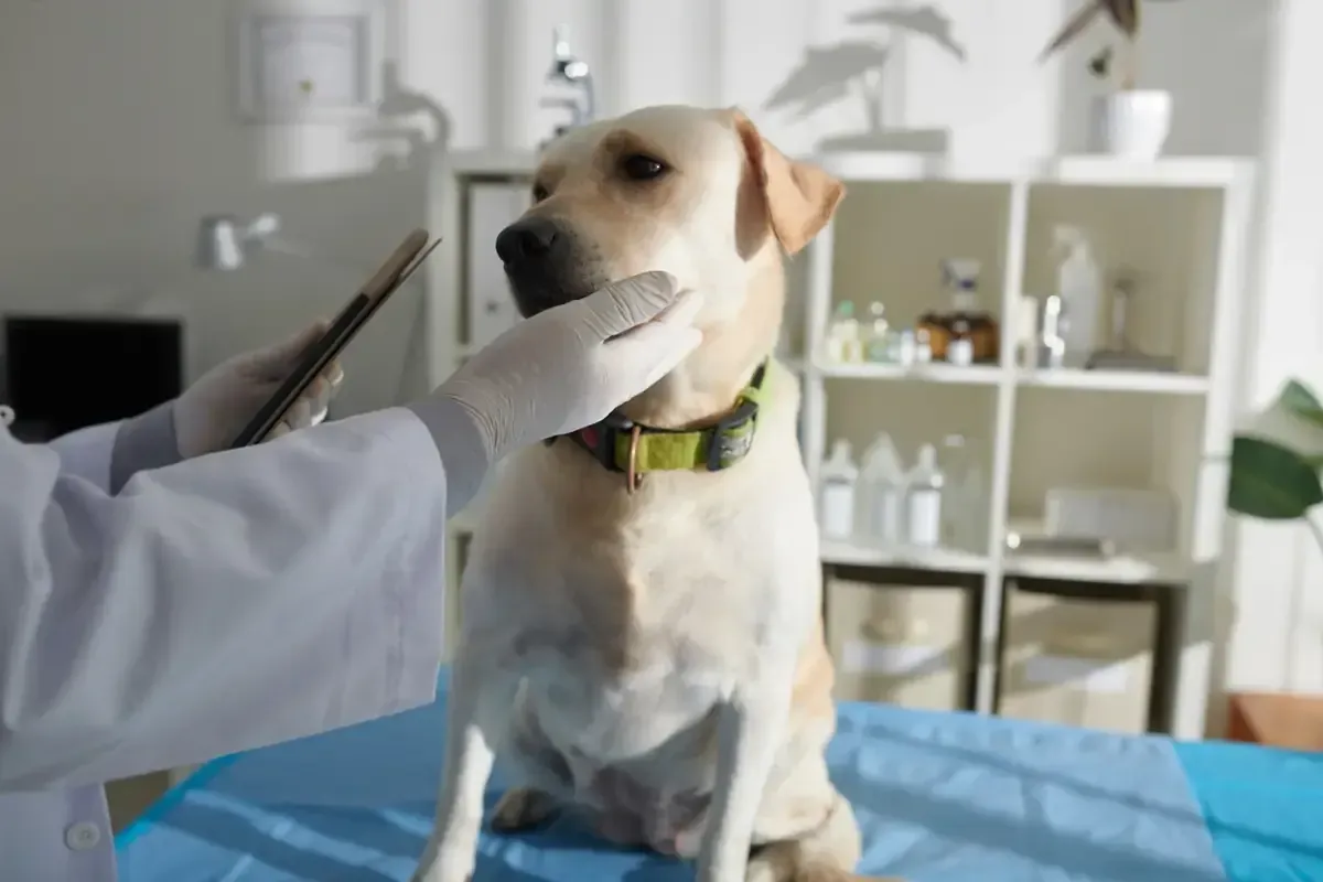 Perro en la consulta del veterinario, siendo examinado por manos enguantadas. Mesa de exploración azul